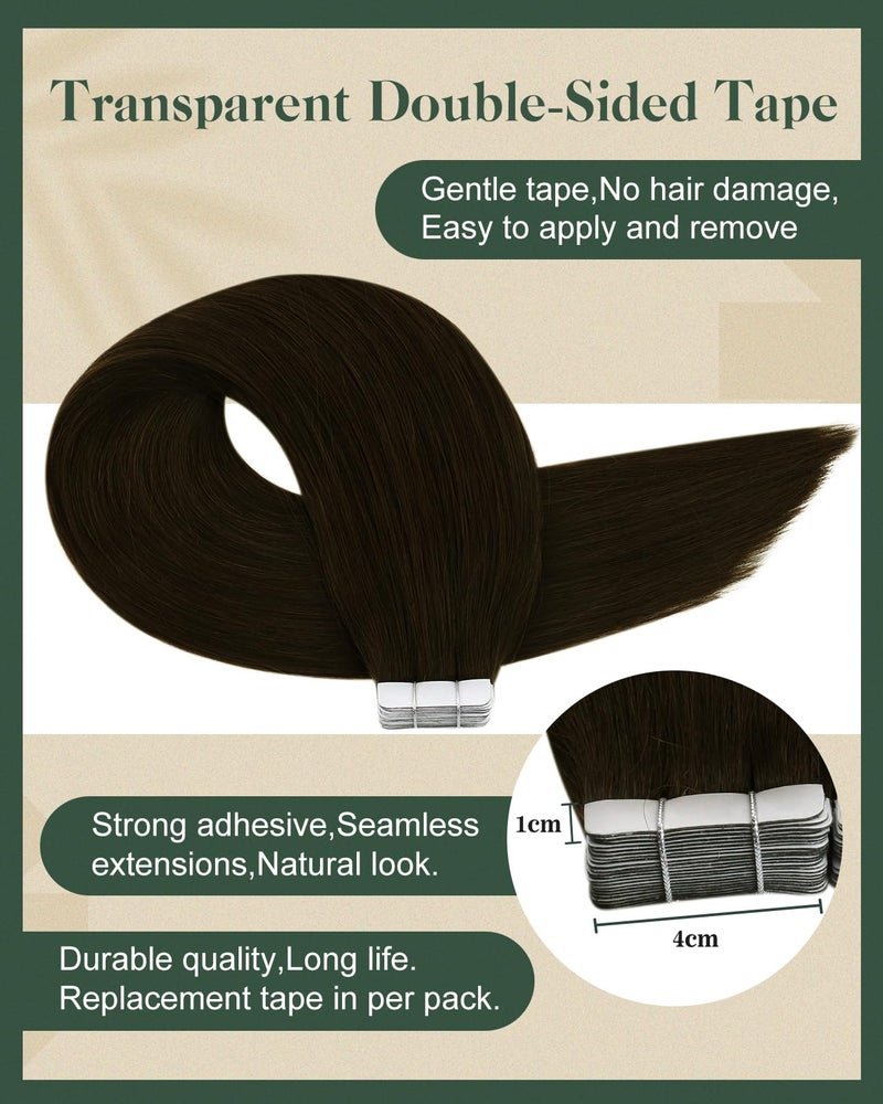Ugeat Brown Tape in Hair Extensions Real Human Hair Tape in Hair Extension Dark Brown Natural Color Medium Length Seamless Soft for Weeding 18 Inch 20Pcs 50G - Image 3